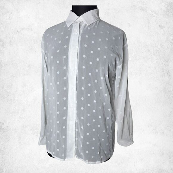 White Polka Dot Button Down Blouse 2XL – Sheer Lightweight Long Sleeve Top - Picture 2 of 7